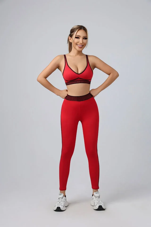 Unbranded Matching Sets Sports bra and high-waisted leggings set with contrast piping ribbed waistband product detail image 13