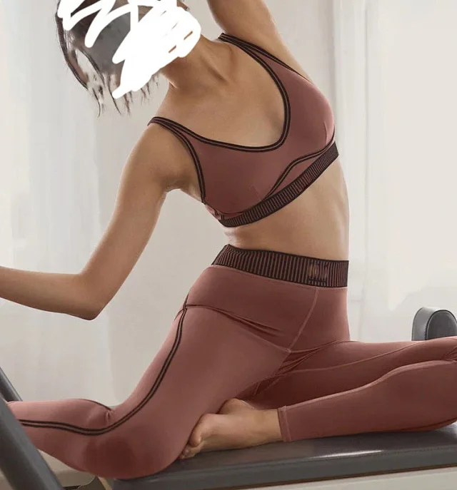 Unbranded Matching Sets Sports bra and high-waisted leggings set with contrast piping ribbed waistband product detail image 14