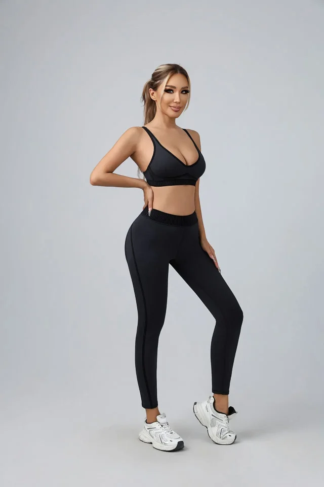 Unbranded Matching Sets Sports bra and high-waisted leggings set with contrast piping ribbed waistband product detail image 23