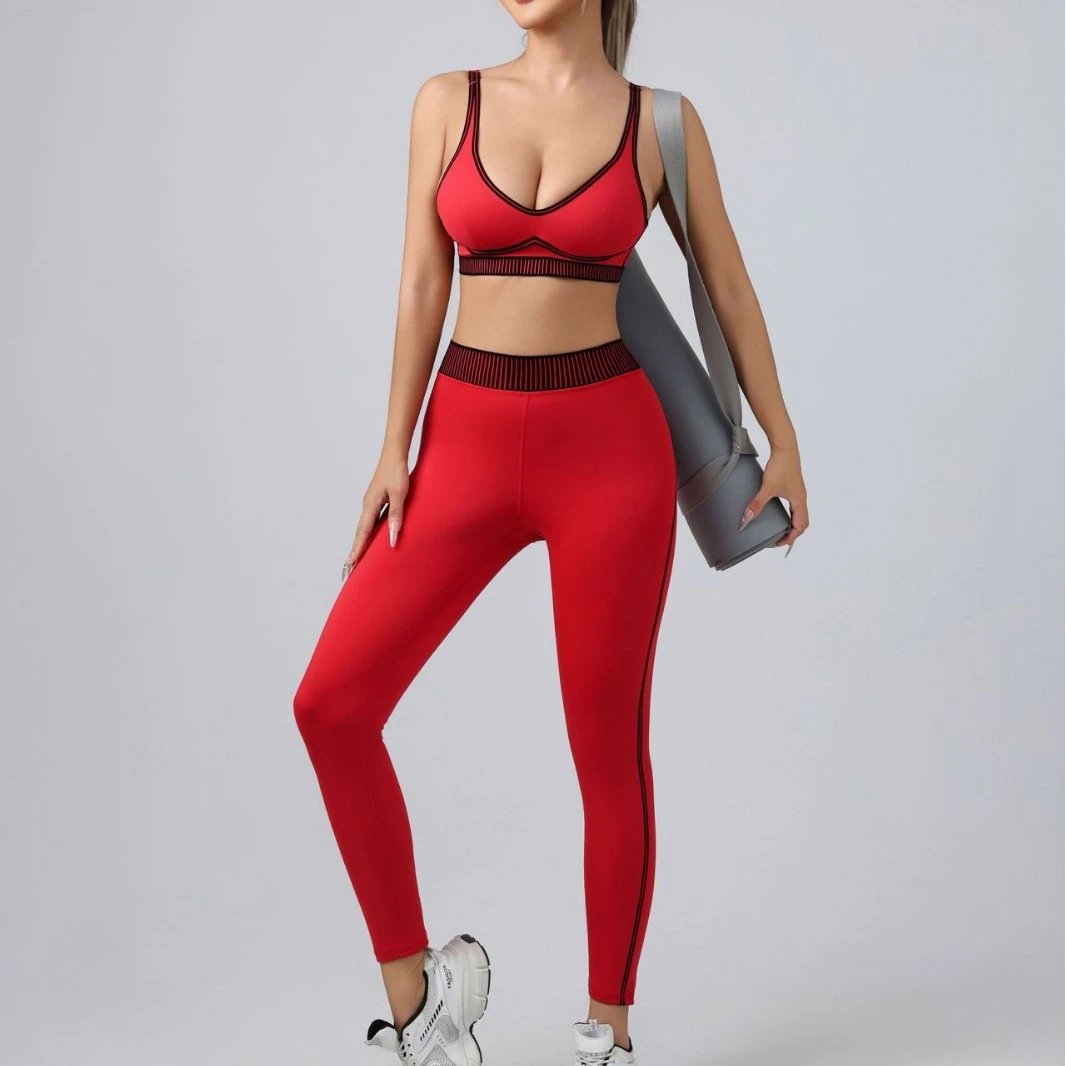 Red Ribbed Trim Sports Bra & L