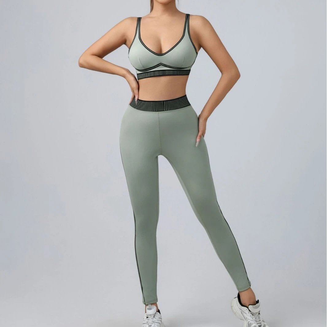 Unbranded Matching Sets Sports bra and high-waisted leggings set with contrast piping ribbed waistband image 4