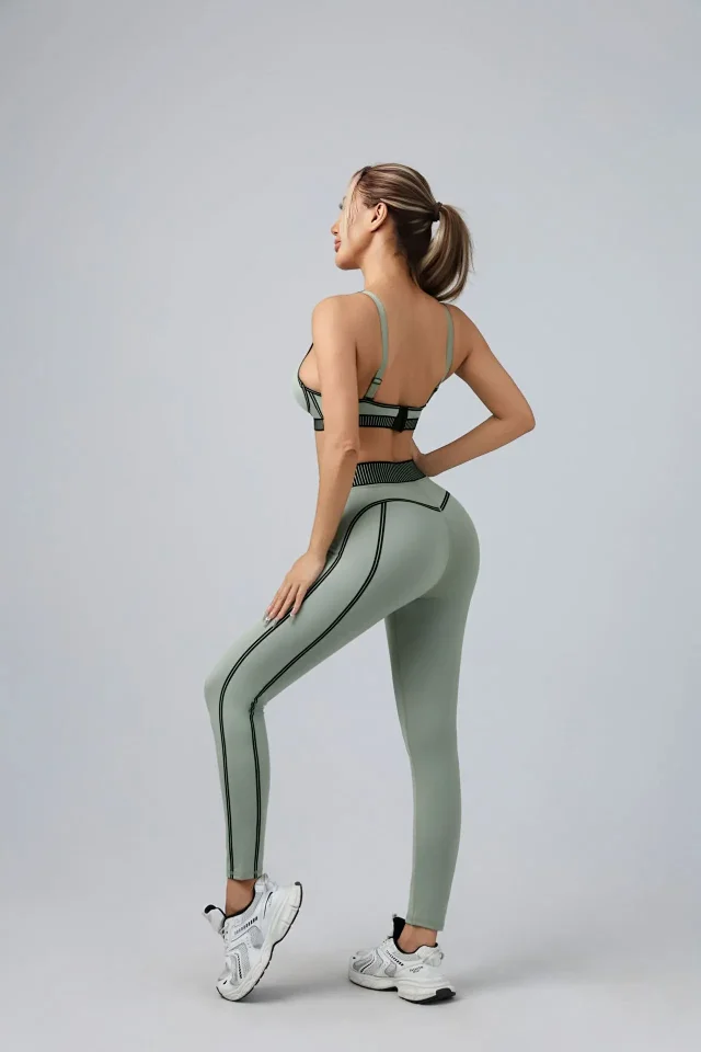 Unbranded Matching Sets Sports bra and high-waisted leggings set with contrast piping ribbed waistband product detail image 24