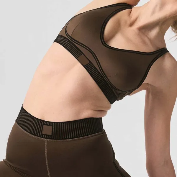 Design Sheer Mesh Panel Sports Bra in Brown Activewear - 1