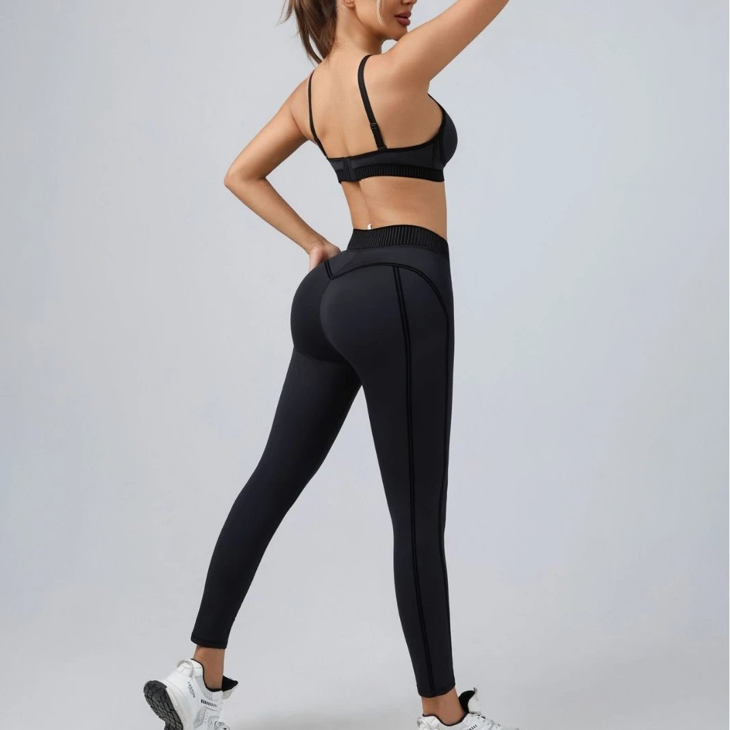 Unbranded Matching Sets Sports bra and high-waisted leggings set with contrast piping ribbed waistband image 3