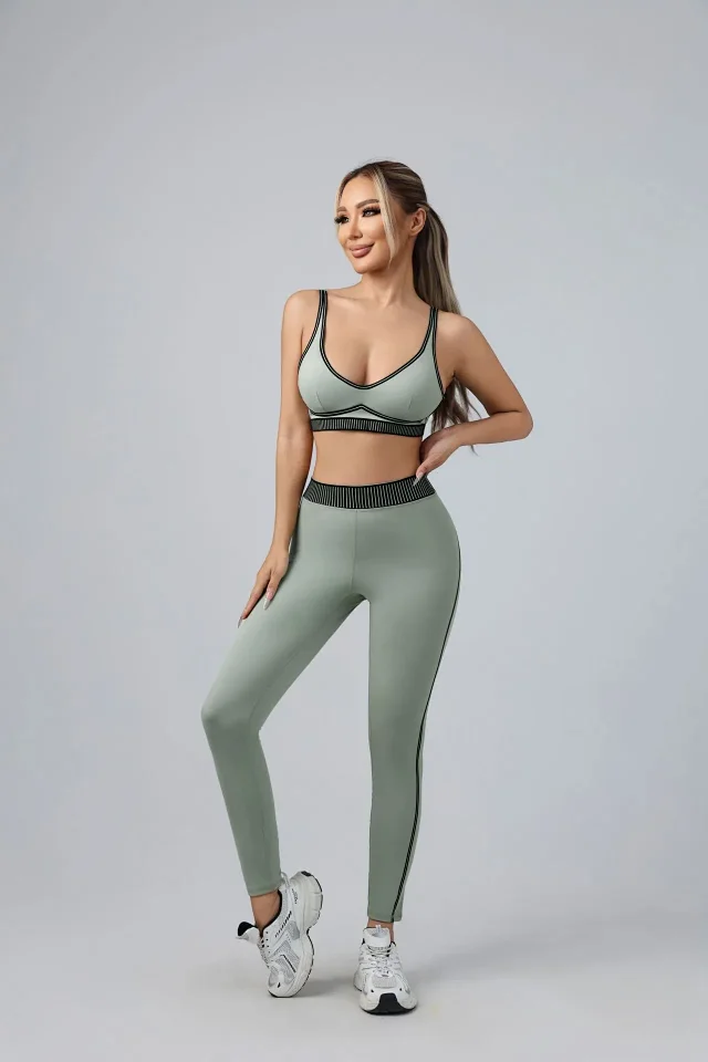 Unbranded Matching Sets Sports bra and high-waisted leggings set with contrast piping ribbed waistband product detail image 26