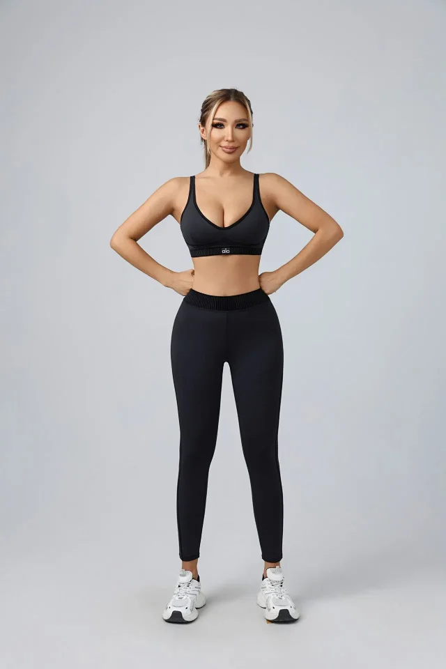 Unbranded Matching Sets Sports bra and high-waisted leggings set with contrast piping ribbed waistband product detail image 8