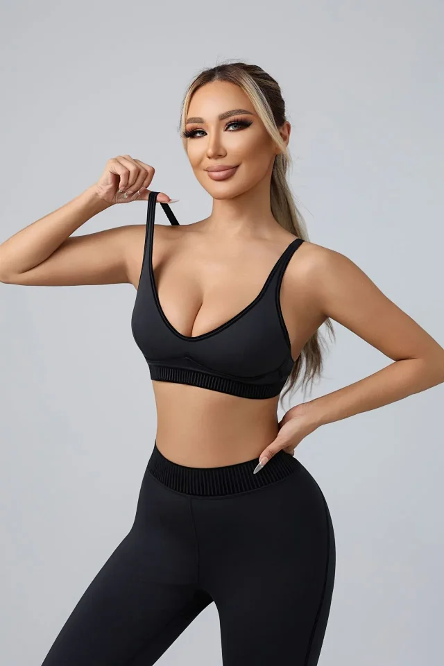 Unbranded Matching Sets Sports bra and high-waisted leggings set with contrast piping ribbed waistband product detail image 21