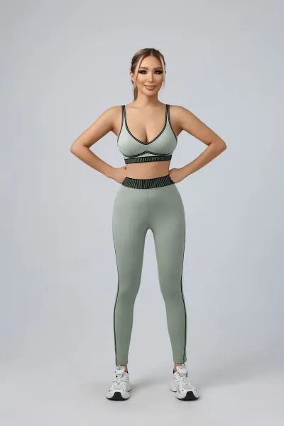 Design Activewear Set Sage Green with Black Stripe Leggings and Sports Bra - 1