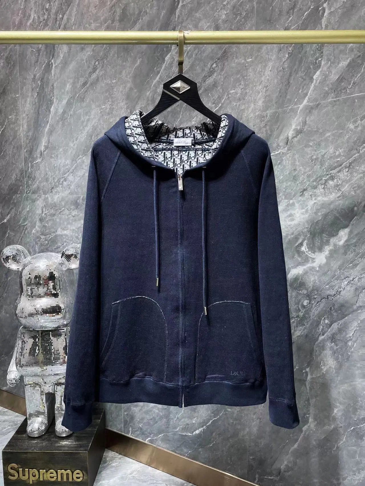Dior Hoodies & Sweatshirts Zip-Up Hooded Sweatshirt with Oblique-Pattern Lining — Blue