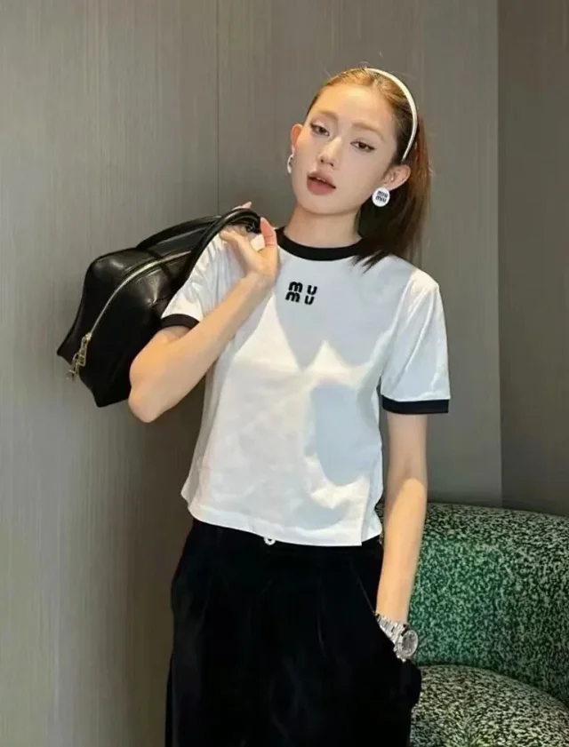 Unbranded T-Shirts Short-Sleeve Ringer T-Shirt with Embroidered Letter Motif product detail image 1