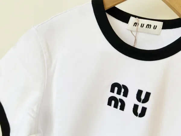 Miu Miu Logo-Print Ringer T-Shirt White - 12