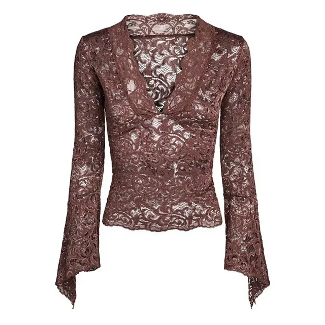Unbranded Shirts Sheer lace V-neck top with flared sleeves product detail image 8