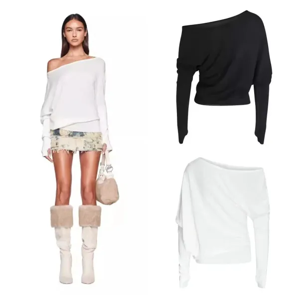 Design Off-Shoulder Slouchy Sweater White and Black - 6