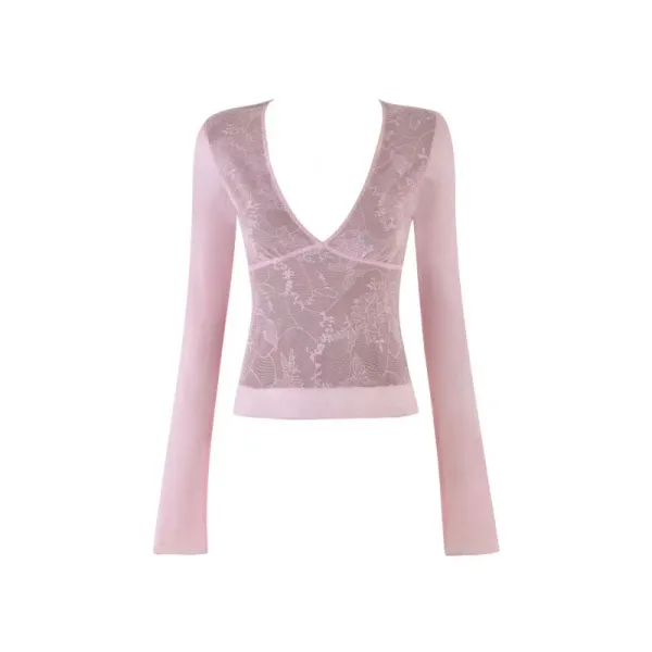 Design Lace Mesh Long Sleeve Crop Top Pink - 1