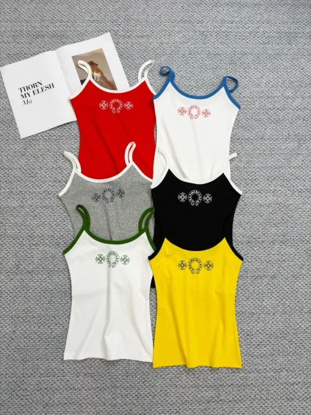 Chrome Hearts Floral Embroidered Cami Top White with Blue Trim Vest Top - 4