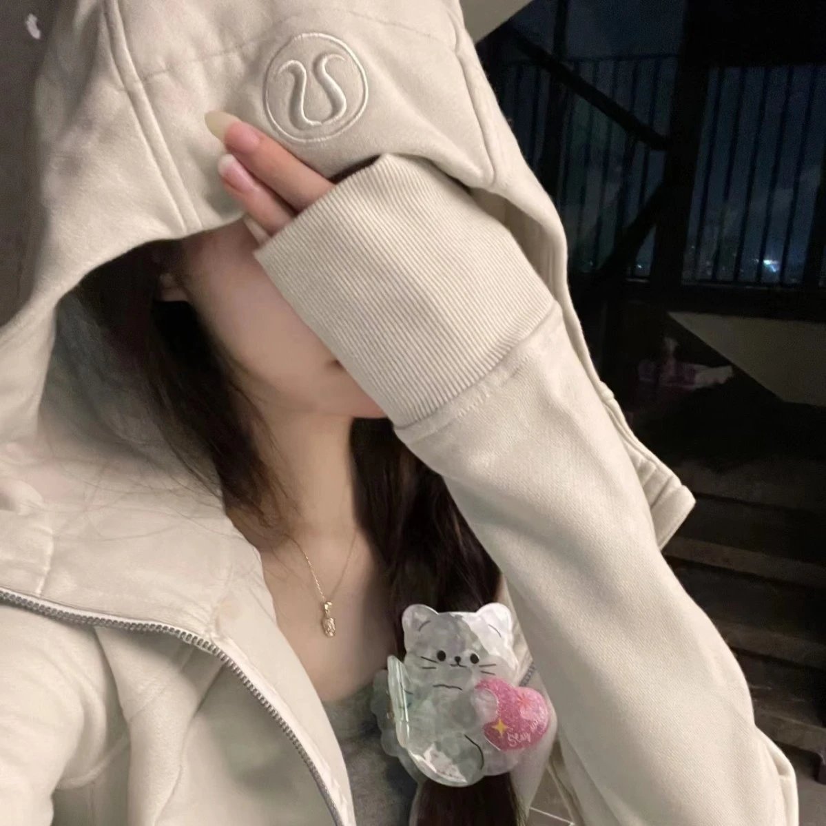 Embroidered Bone White Hoodie Slim Fit