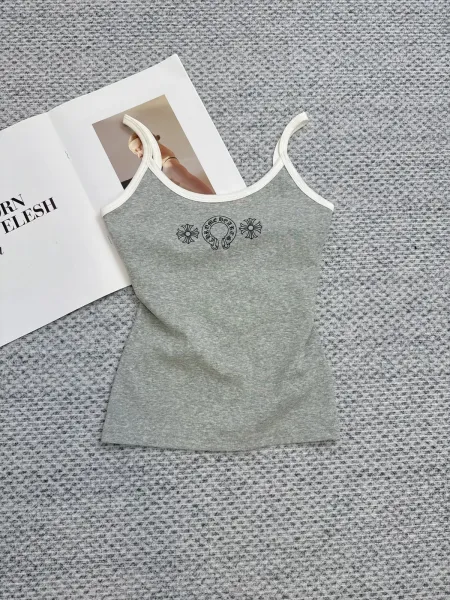 Chrome Hearts Floral Embroidered Cami Top White with Blue Trim Vest Top - 19