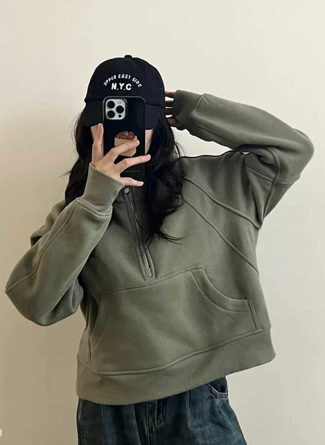 Unbranded Hoodies & Sweatshirts Half-Zip Hooded Sweatshirt with Kangaroo Pocket product detail image 6