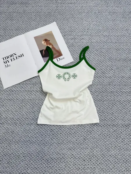 Chrome Hearts Floral Embroidered Cami Top White with Blue Trim Vest Top - 9