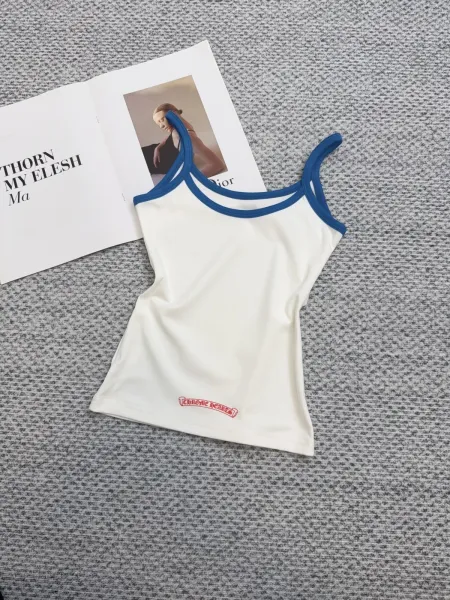 Chrome Hearts Floral Embroidered Cami Top White with Blue Trim Vest Top - 18