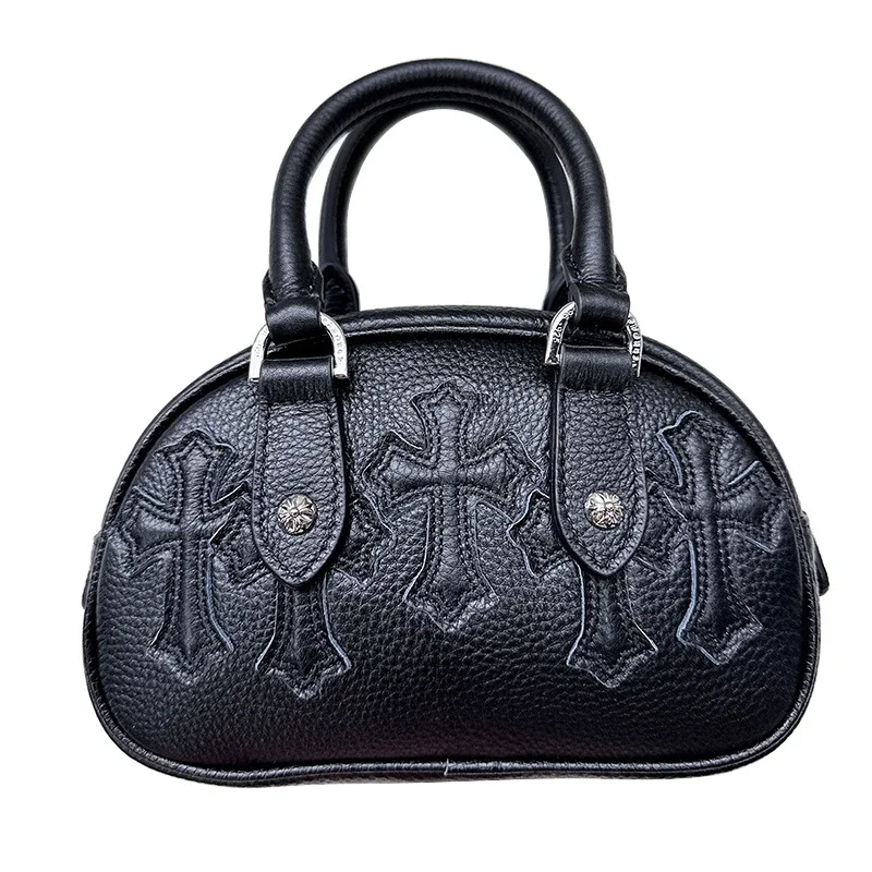 Diagonal handbag, women's bowling head cross pillow, retro embossed cowhide shoulder bag, small bag,