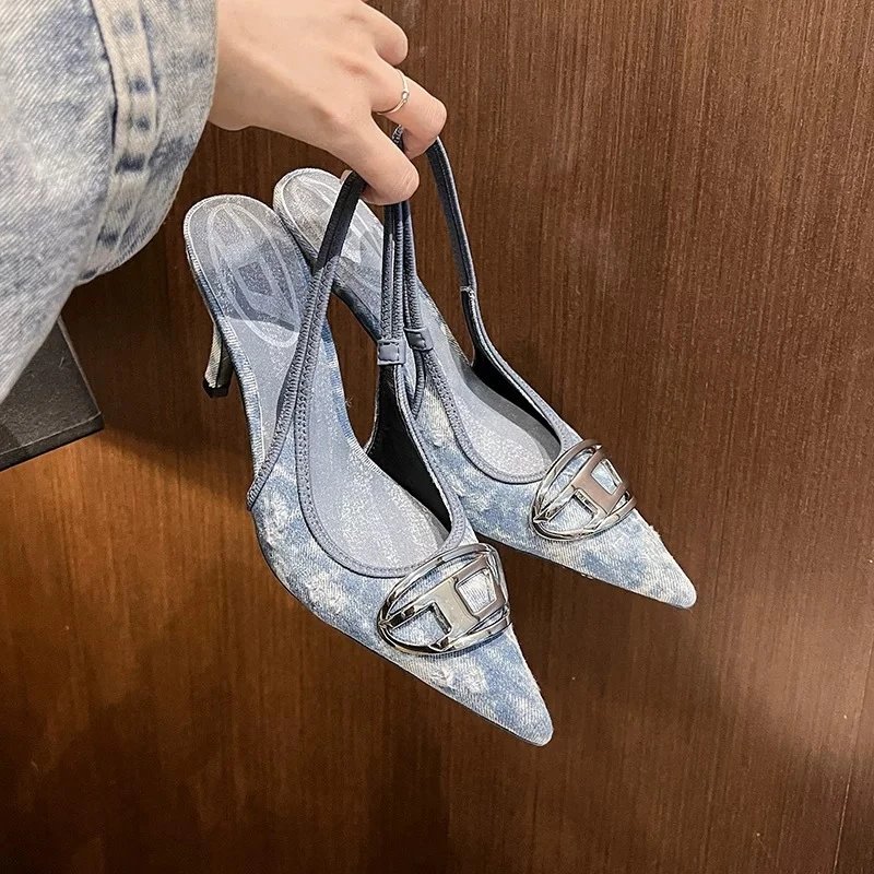 Denim Print Pointed Toe Slingb