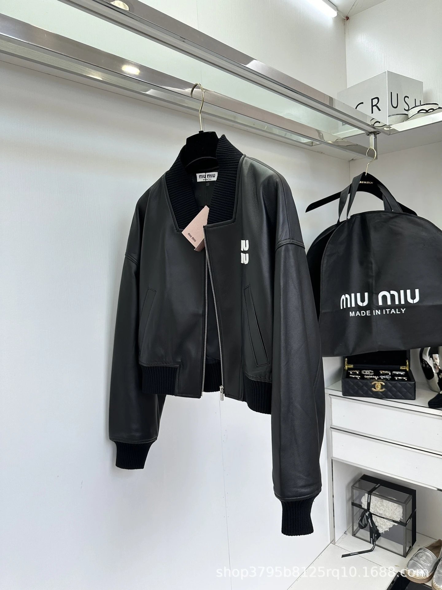 Miu Miu Logo-Embellished Black Leather Bomber Jacket - 4
