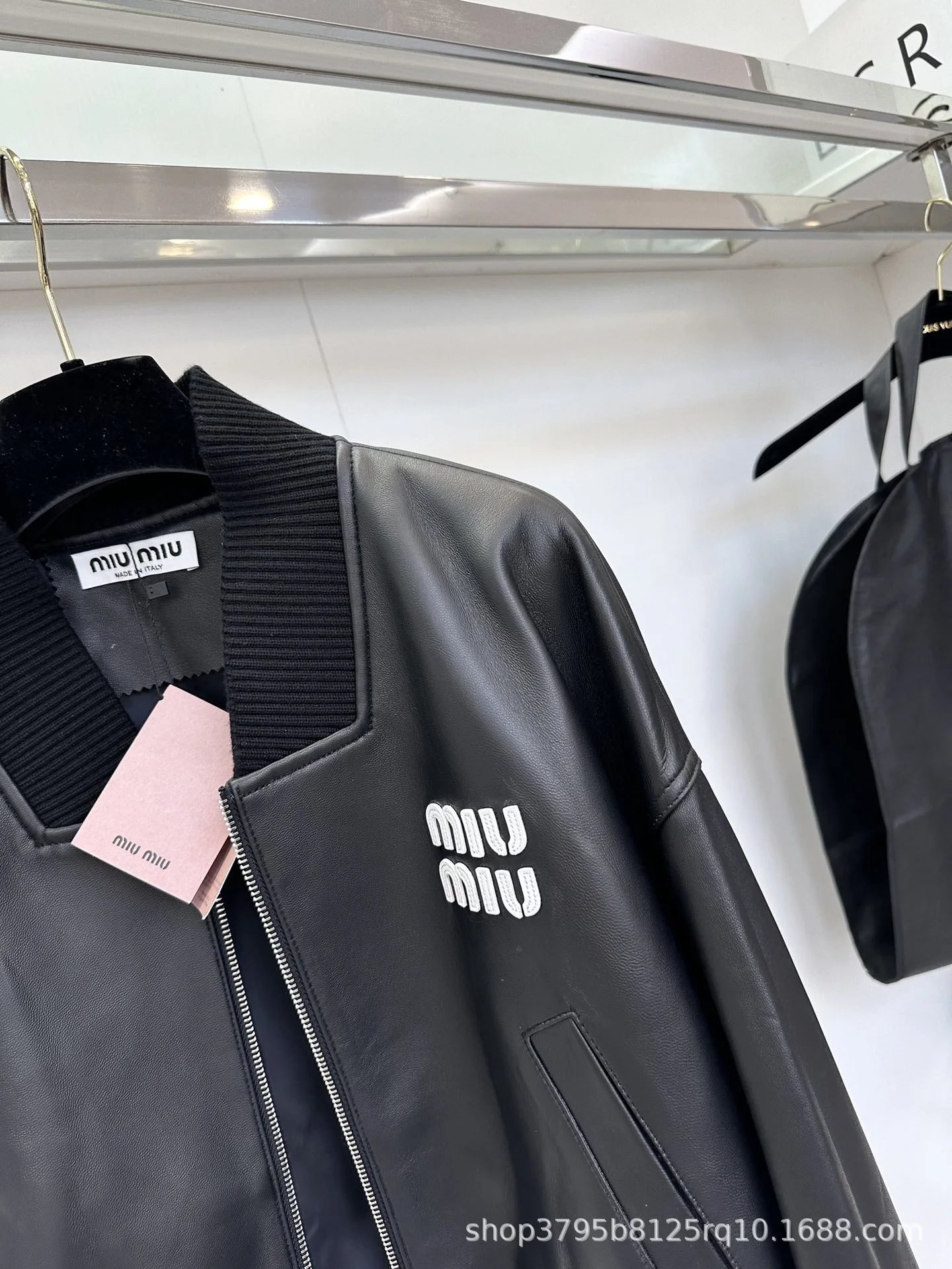Miu Miu Logo-Embellished Black Leather Bomber Jacket - 6