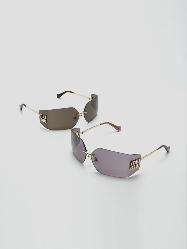 Miu Eyewear Rimless shield sunglasses with gold logo plaques product detail image 1