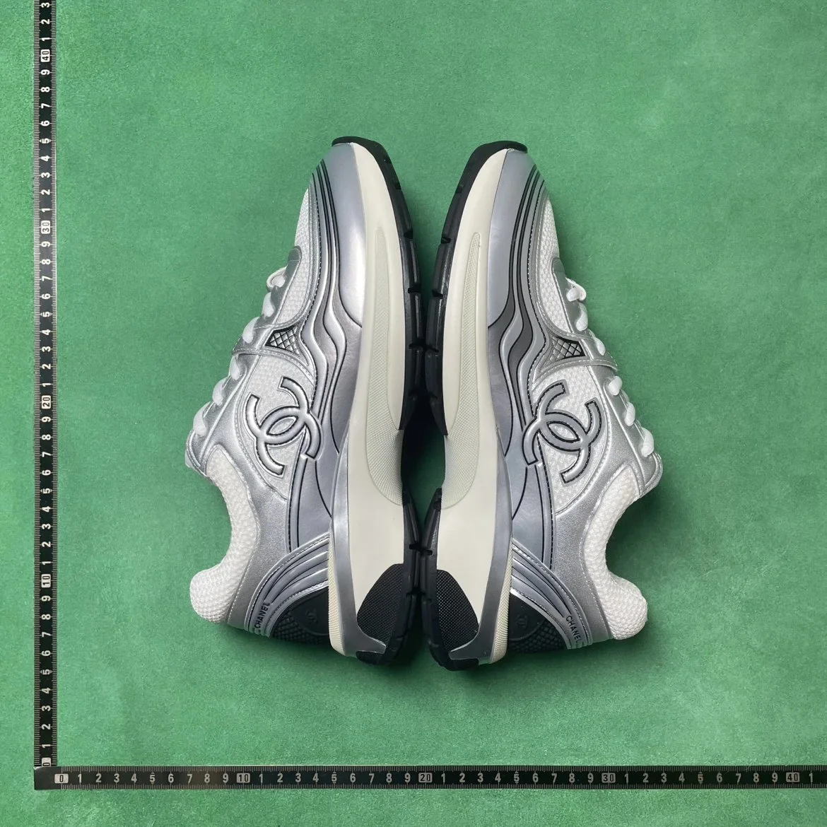 Chanel silver and white color-blocked double C retro sneakers