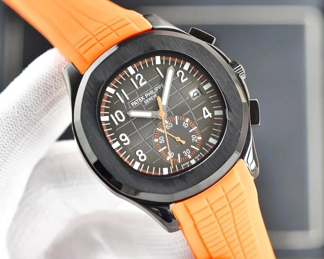 Patek Philippe Aquanaut Chronograph Black Dial Orange Rubber Strap Watch Watches