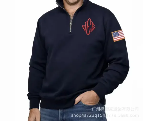 Design Half-Zip Sweatshirt White with Monogram and Flag Patch Hoodie - 10