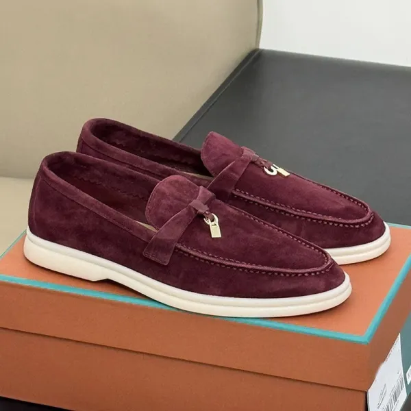 Design Loafer with Suede Upper and Gold-tone Lock Detail Burgundy Casual Shoes - 1