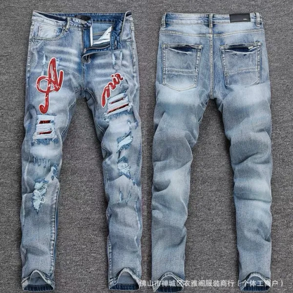Amiri Embroidered Distressed Slim Fit Light Wash Jeans - 1