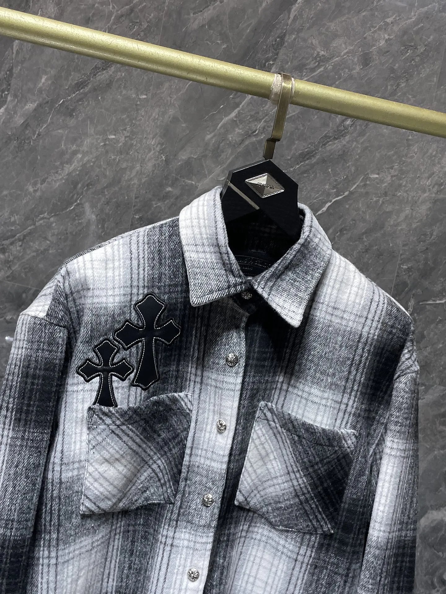 Chrome Hearts Cross-Embroidered Gray Plaid Shirt - 6