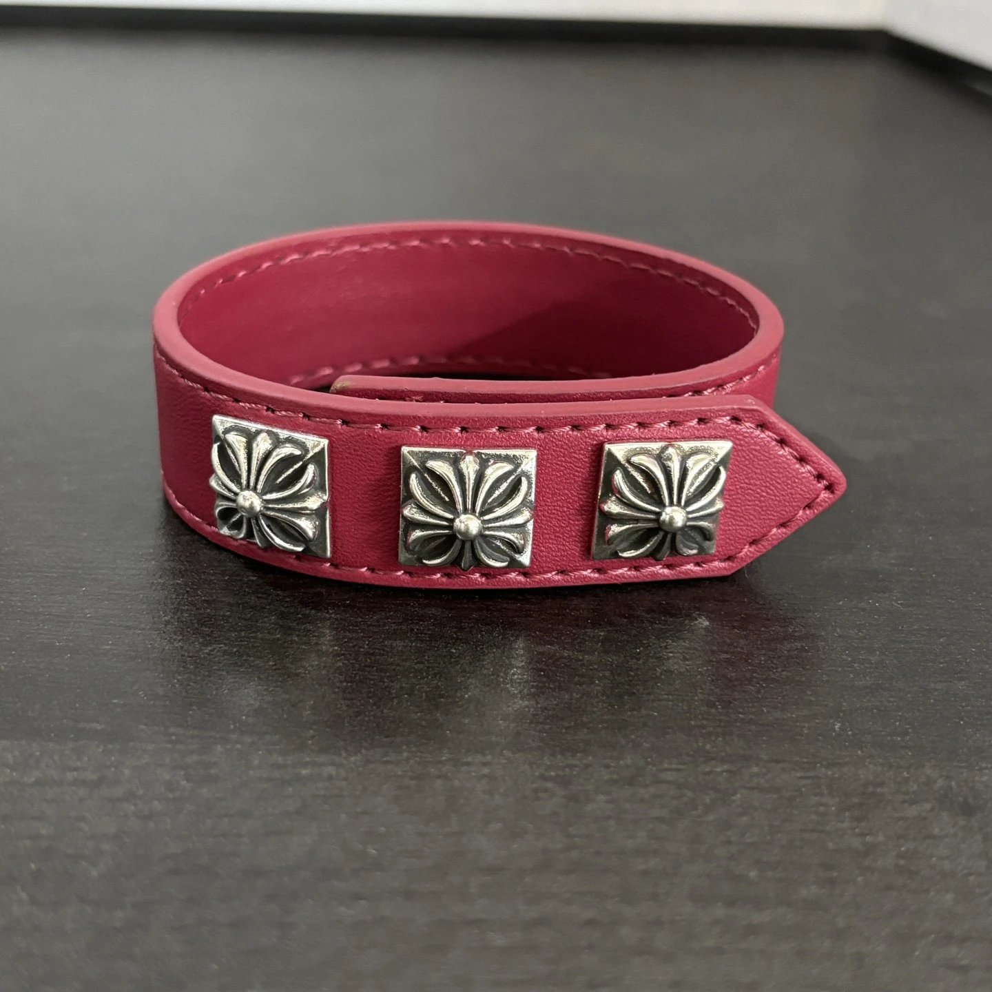 Chrome Hearts Three Black Leather Cuff Bracelet Jewelry - 3