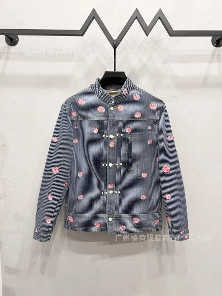 Design Striped Denim Jacket with Embroidered Coin Motifs Navy Blue Outerwear - 1