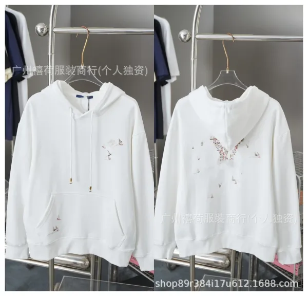 Design Embroidered Bird Motif Hoodie White - 1