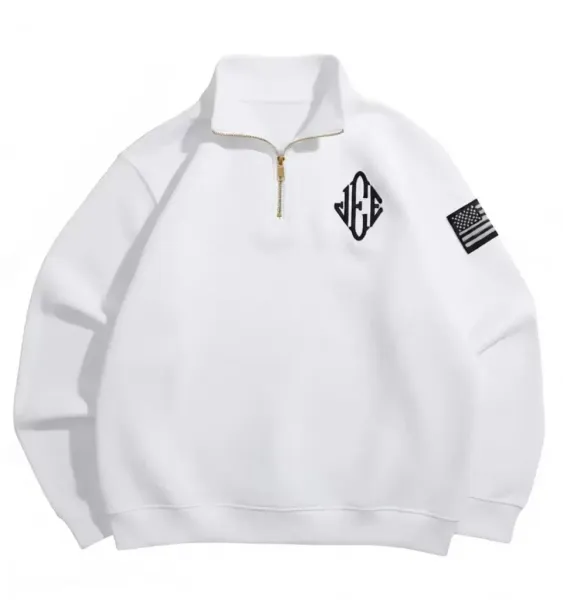 Design Half-Zip Sweatshirt White with Monogram and Flag Patch Hoodie - 2