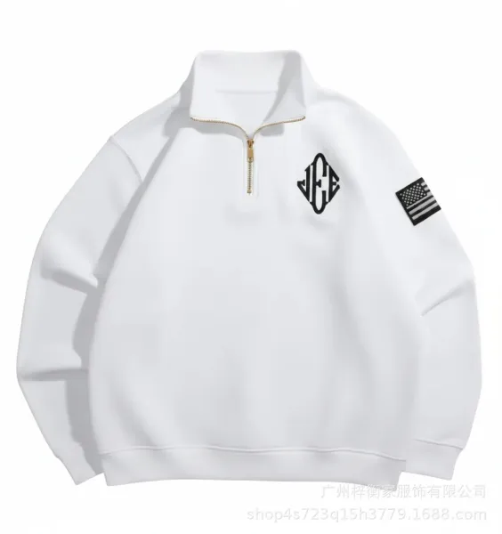 Design Half-Zip Sweatshirt White with Monogram and Flag Patch Hoodie - 4