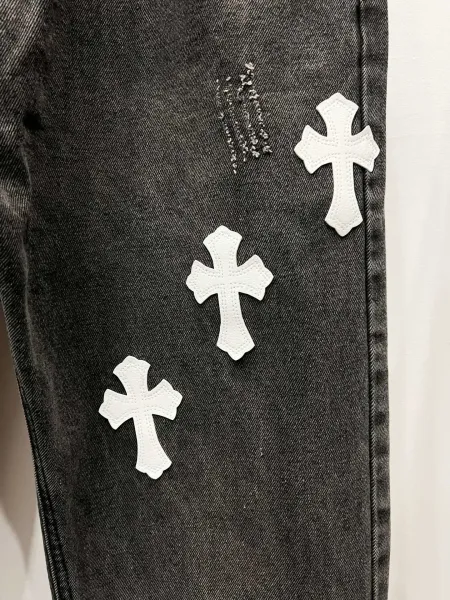 Chrome Hearts Pink Cross Embroidered Black Straight-Leg Jeans - 6