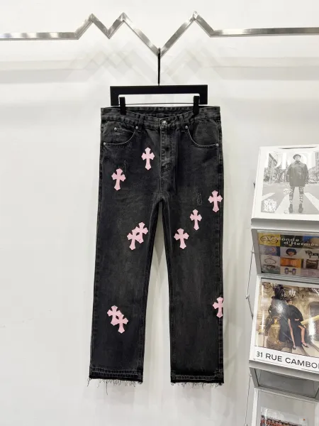 Chrome Hearts Pink Cross Embroidered Black Straight-Leg Jeans - 17