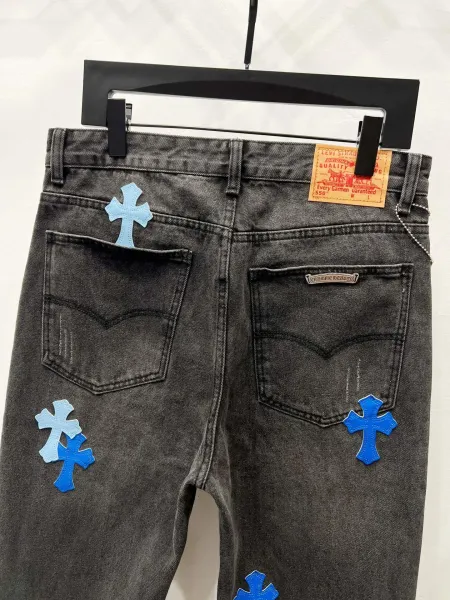 Chrome Hearts Pink Cross Embroidered Black Straight-Leg Jeans - 24