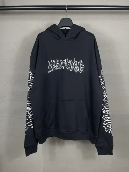 Balenciaga Logo Hoodie Black with White Stripe Sleeves - 12