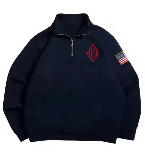 Design Half-Zip Sweatshirt White with Monogram and Flag Patch Hoodie - 3