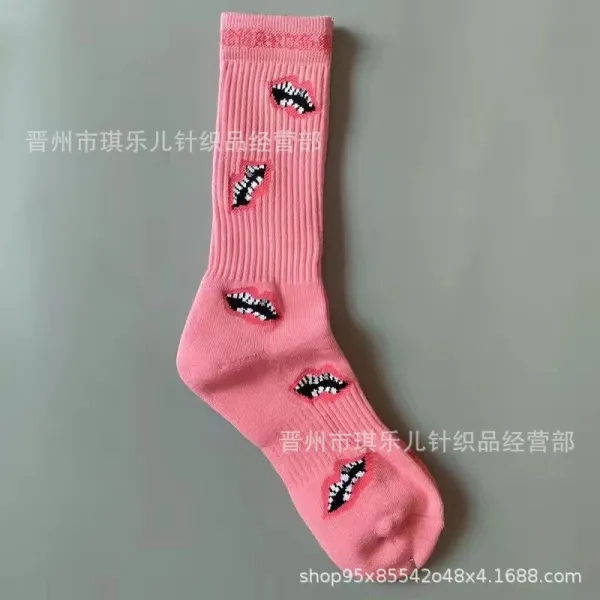 Design Graphic Print Red Crew Socks - 7