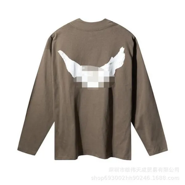 Design Long Sleeve T-Shirt with Angel Wings Print Olive Brown - 1