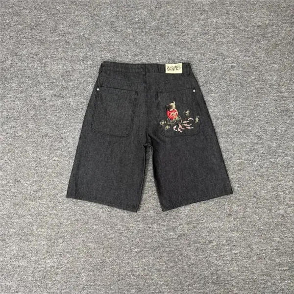 Design Denim Shorts with Embroidered Motif Black Shorts - 1