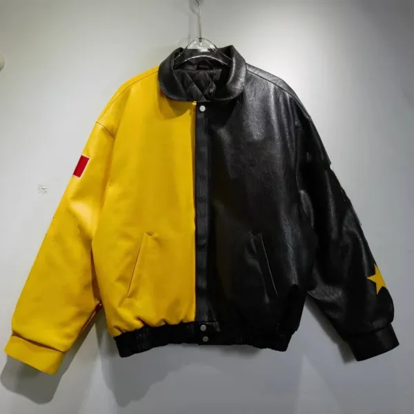 Design Two-Tone Leather Bomber Jacket Yellow Black Outerwear.leather Jacket - 1
