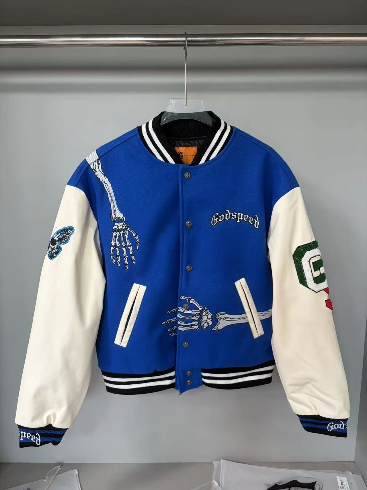 Godspeed Varsity Jacket Black and Cream Embroidered Letterman Jacket Outerwear Jacket - 6